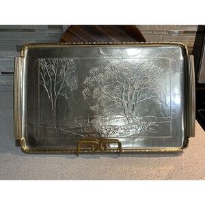 Vintage Arthur Armour Hammered Gold Anodized Serving Tray.  Woodland Scence